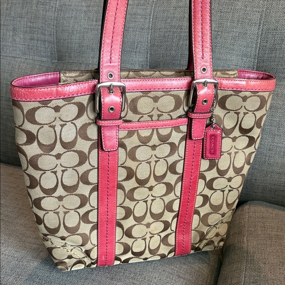 Coach Brown Signature Canvas Tote with Pink Trim - Picture 15 of 15